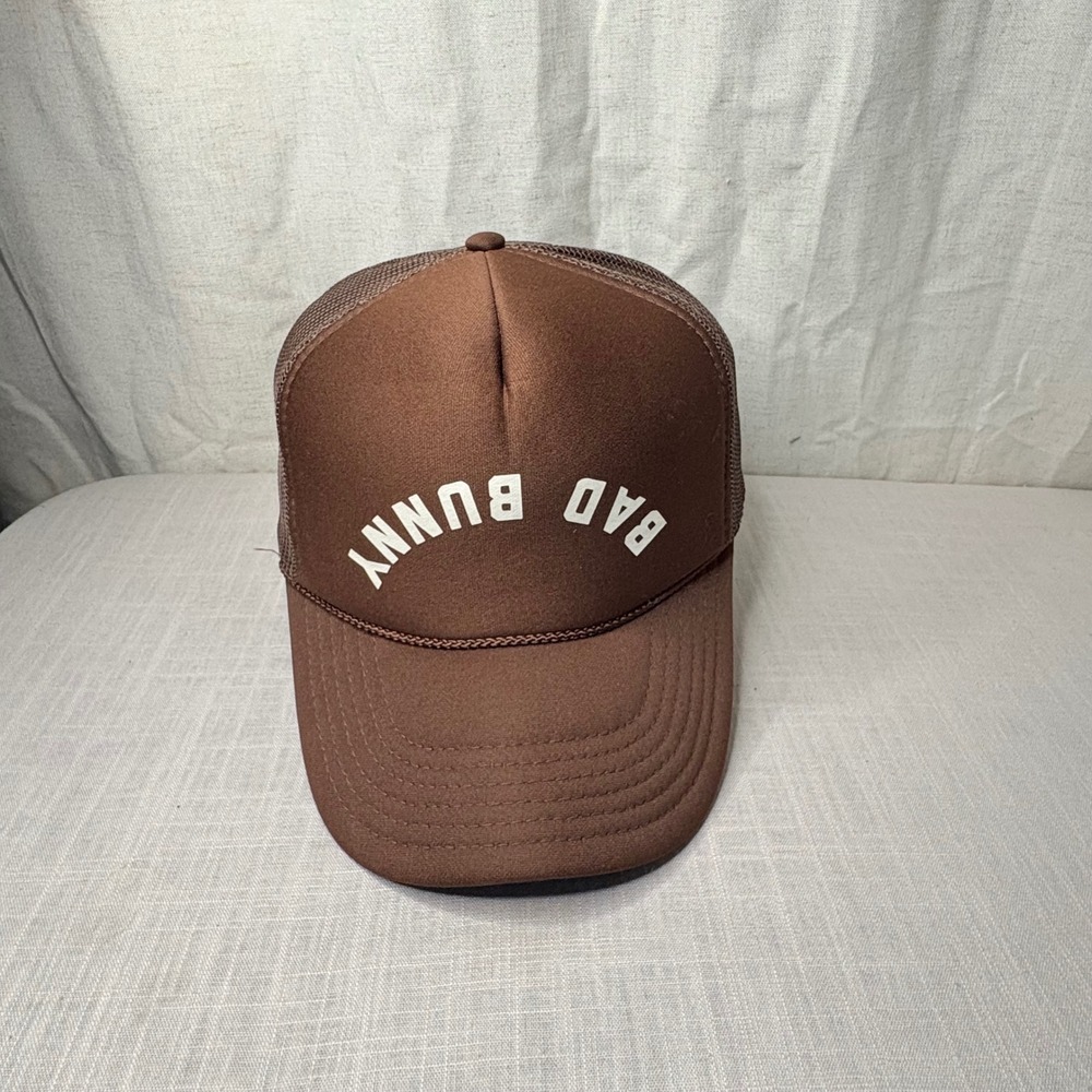 Otto Bad Bunny Brown Mesh Trucker Hat Snapback Cap Upside Down Logo